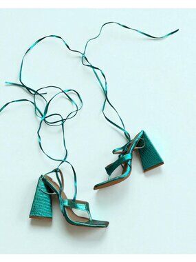 EGO Teal Metallic Lace Up Block Heels Sandals Size UK 7 / US 9